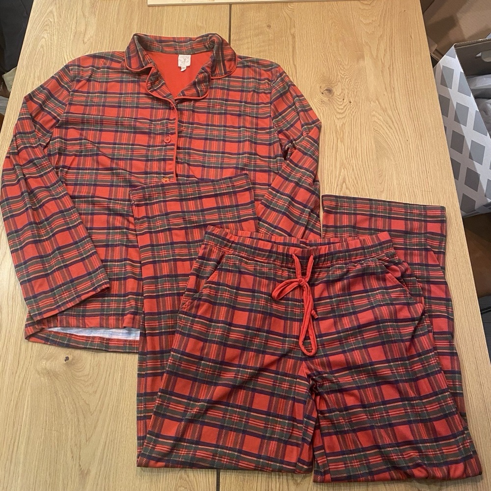 Munki Munki Flannel Red Plaid Pajama Set Top Pants Size Medium Chasing Fireflies